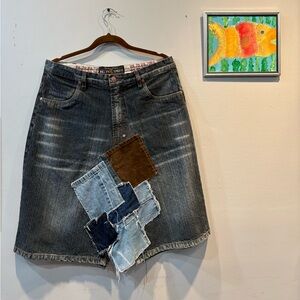 Vintage Denim Patchwork A-Line Skirt
